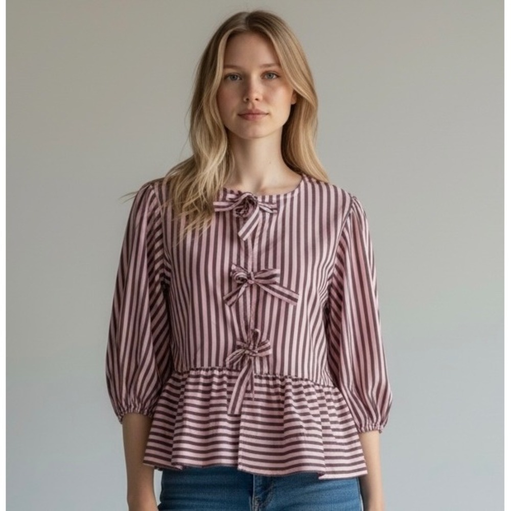 NEW Pink Striped Bow Front Large Peplum Blouse Puff Sleeve‎ Top Coquette